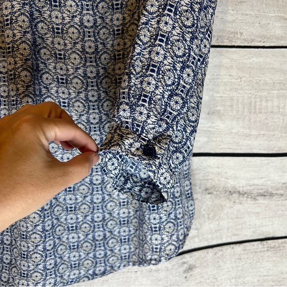 Rose & Thyme Popover Tunic Top Navy Blue White Geo Print Circles Wheels 3/4 Slvs - Picture 4 of 7